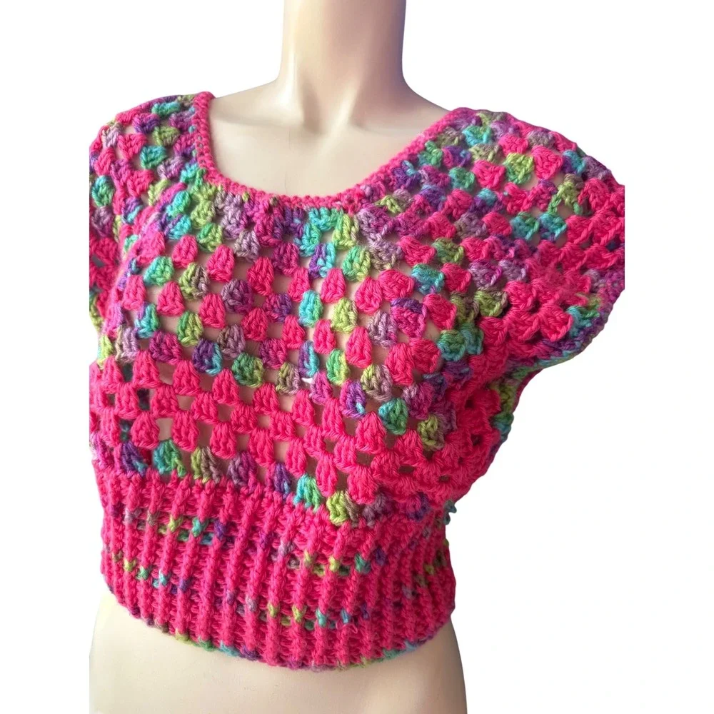 Handmade Bright Pink Multicolor Crochet Crop Top